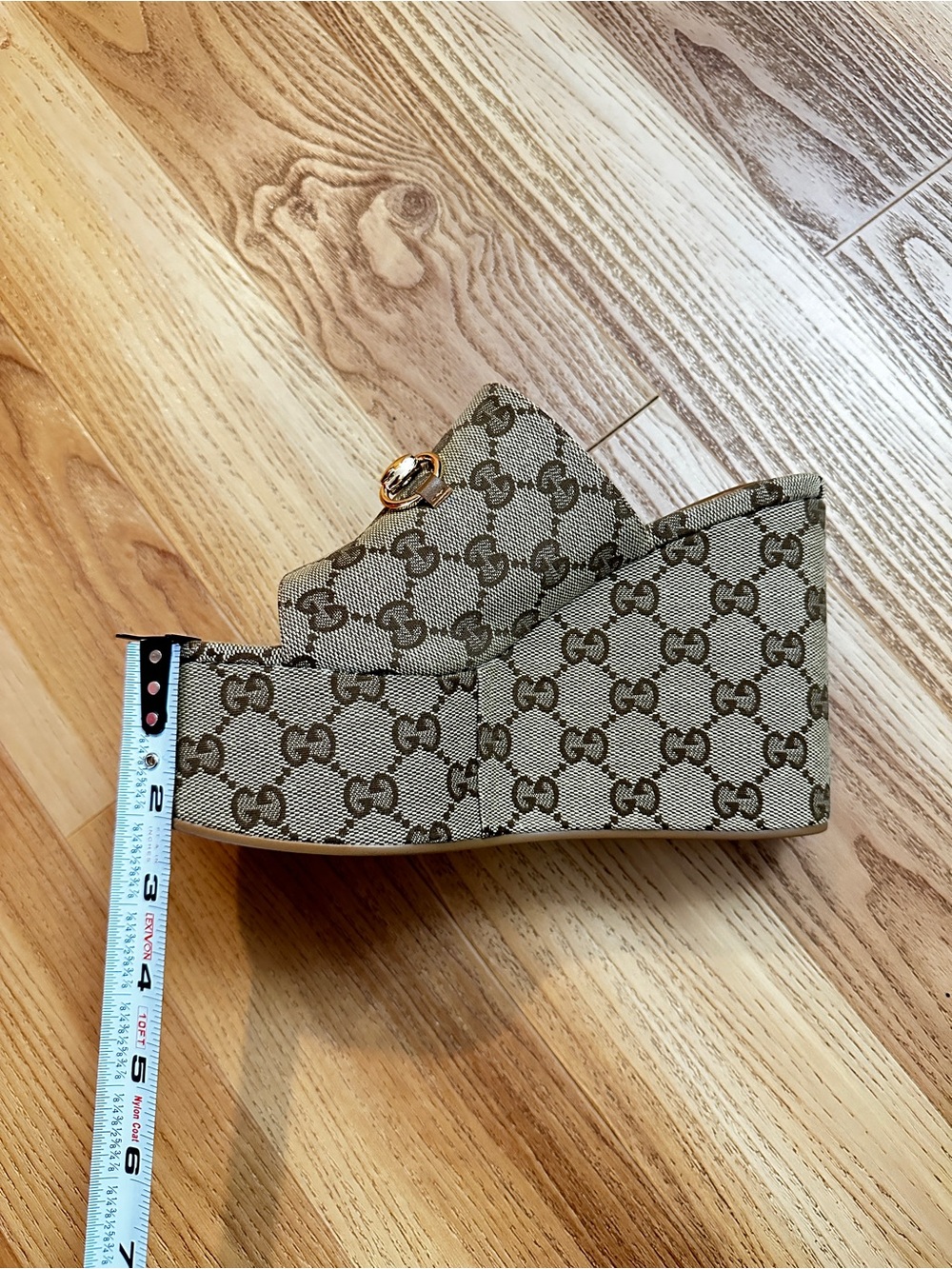 Gucci Beige Monogram Platform Mules with Gold Horsebit - Picture 7 of 9